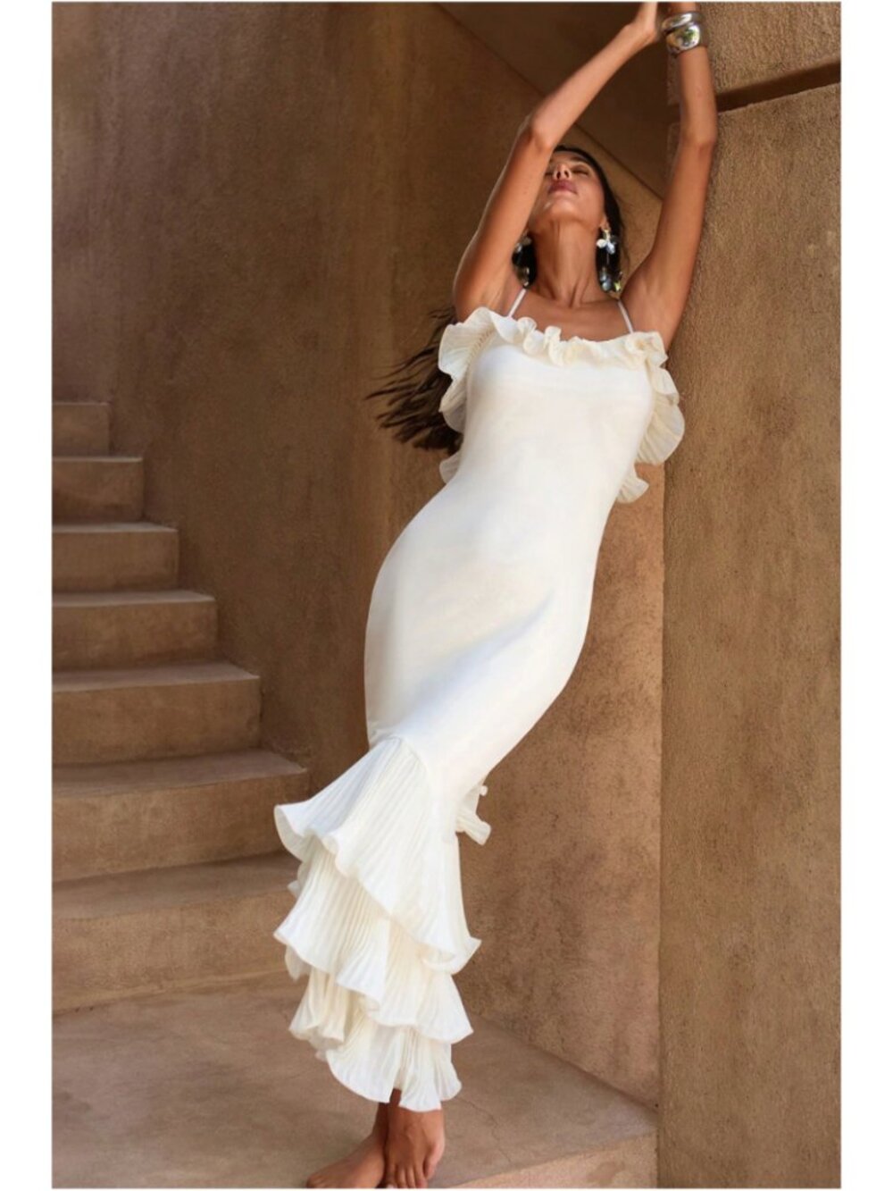 Cream Ruffle Trim Backless Mermaid Maxi Dress Boho Beach Vacation Party Sz M - Picture 7 of 10